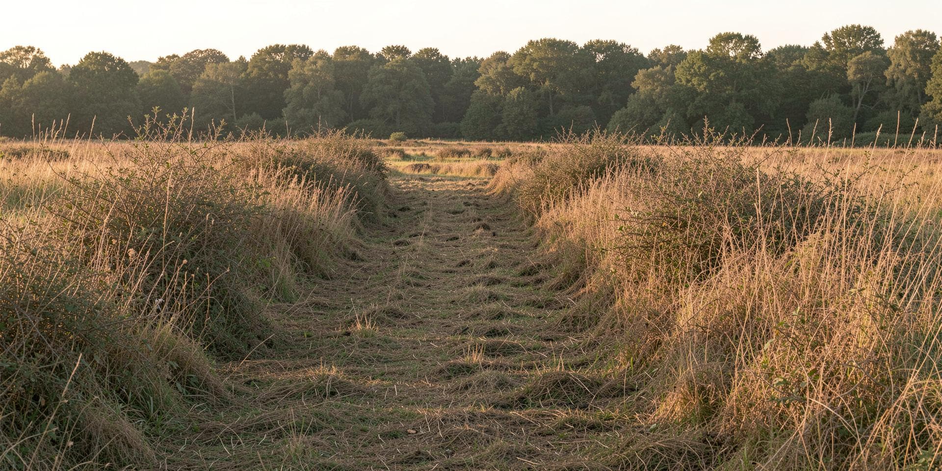 A cut break running through tall dry scrub and grass, open ground and a treeline beyond.